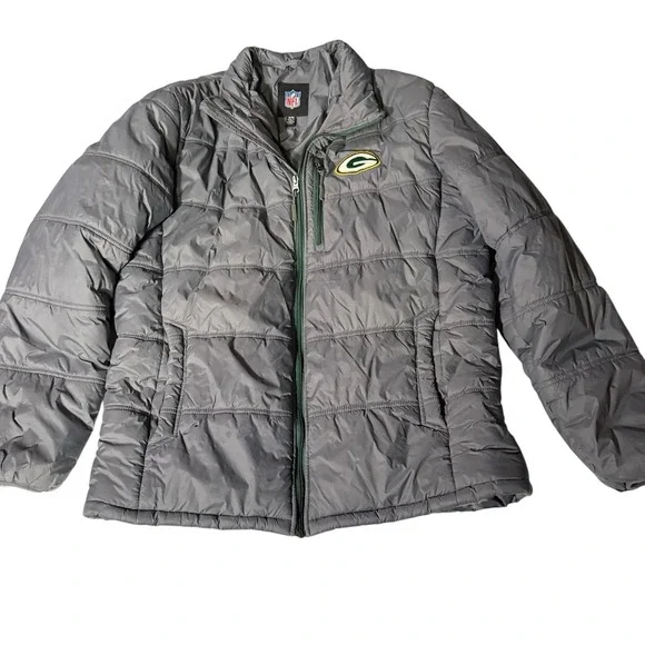 Green‎ Bay Packers NFL Gray Puffer Jacket Mens XL Full Zip Excellent Condition - Picture 2 of 8